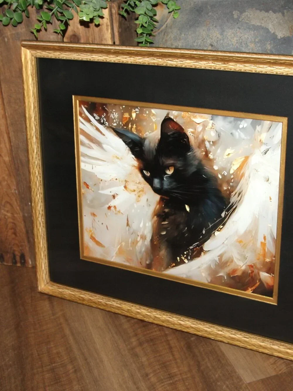 Large Dark Moody Gothic Victorian Black Cat w/Wings Wall Art in VTG Gold Frame